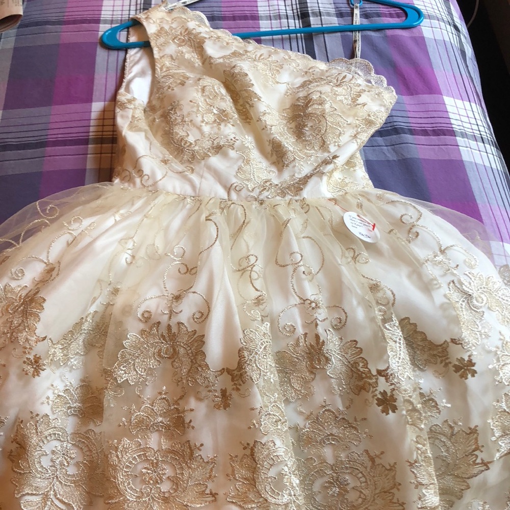 Gold one shoulder puffy dress